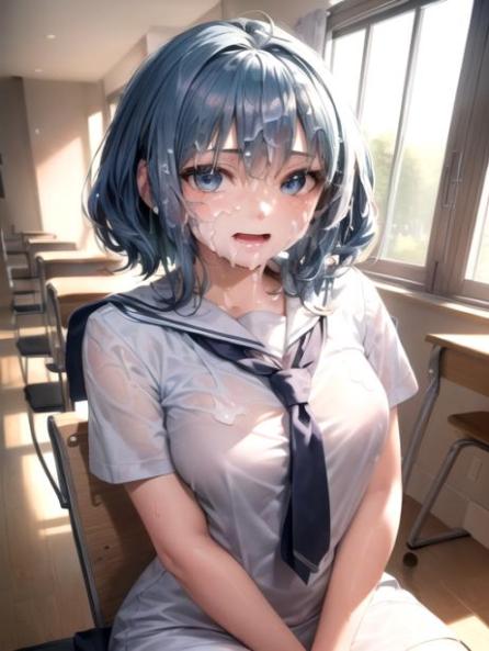 carrying a school bag, Light Blue Hair, Cumshot AI Porn