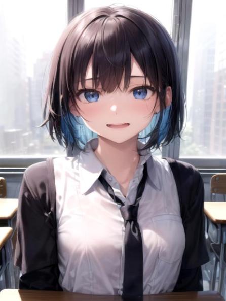 Classroom, Light Blue Hair, Bangs AI Porn